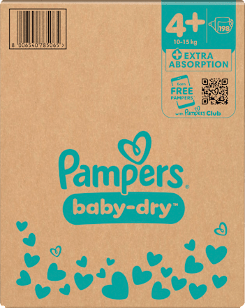 Baby Dry Luiers Maat 4+ Maxi Plus (10-15 kg), Maandelijkse Doos, 198 stuks