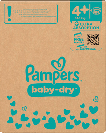 Baby Dry Luiers Maat 4+ Maxi Plus (10-15 kg), Maandelijkse Doos, 198 stuks