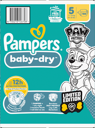 Baby Dry Luiers Maat 5 (11-16 kg) Limited Edition Paw Patrol, Maandelijkse Doos, 186 stuks