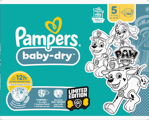 Baby Dry Luiers Maat 5 (11-16 kg) Limited Edition Paw Patrol, Maandelijkse Doos, 186 stuks