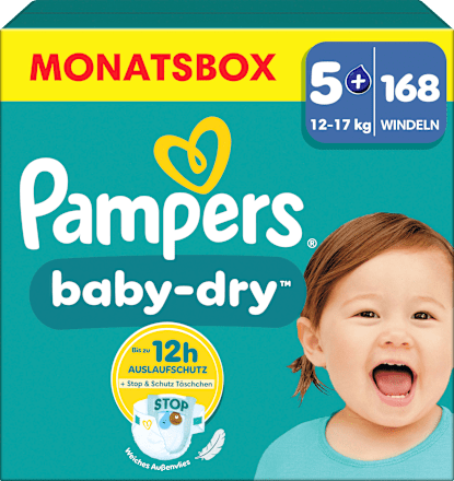 Baby Dry Luiers Maat 5+ Junior Plus (12-17 kg), Maandelijkse Doos, 168 stuks