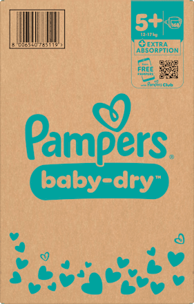 Baby Dry Luiers Maat 5+ Junior Plus (12-17 kg), Maandelijkse Doos, 168 stuks