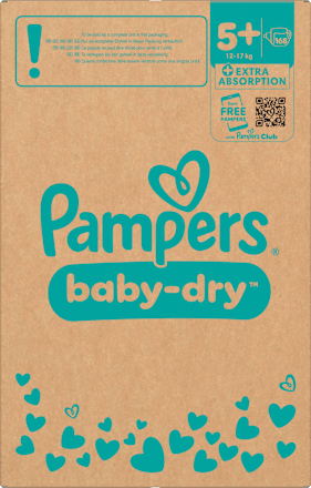 Baby Dry Luiers Maat 5+ Junior Plus (12-17 kg), Maandelijkse Doos, 168 stuks