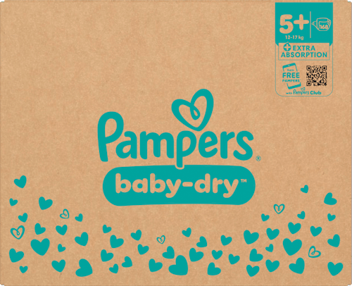 Baby Dry Luiers Maat 5+ Junior Plus (12-17 kg), Maandelijkse Doos, 168 stuks