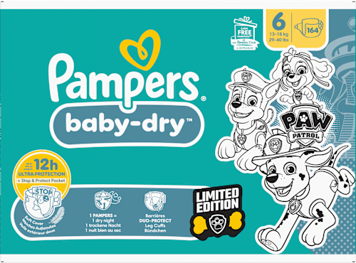 Baby Dry Luiers Maat 6 (13-18 kg) Limited Edition Paw Patrol, Maandelijkse Doos, 164 stuks