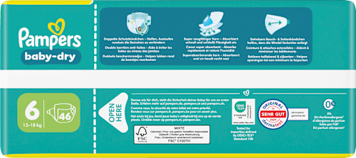 Luiers Baby Dry Maat 6 Extra Groot (13-18 kg), Grote Verpakking, 46 stuks