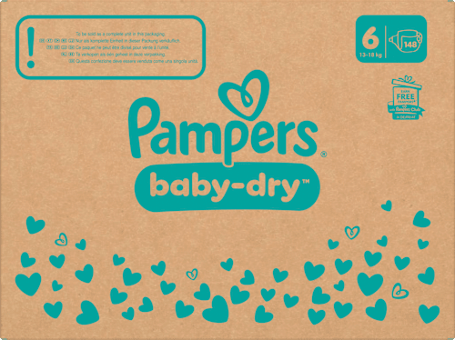 Baby Dry Luiers Maat 6 Extra Groot (13-18 kg), Maandelijkse Doos, 148 stuks