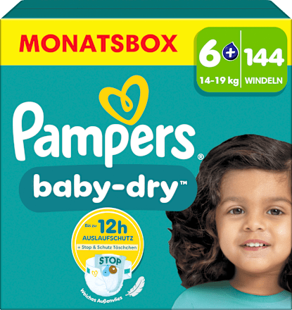 Baby Dry Luiers Maat 6+ Extra Groot (14-19 kg), Maandelijkse Doos, 144 stuks