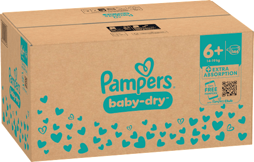 Baby Dry Luiers Maat 6+ Extra Groot (14-19 kg), Maandelijkse Doos, 144 stuks