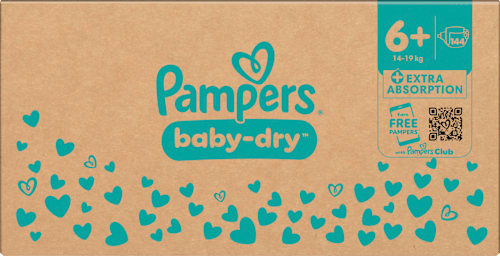 Baby Dry Luiers Maat 6+ Extra Groot (14-19 kg), Maandelijkse Doos, 144 stuks