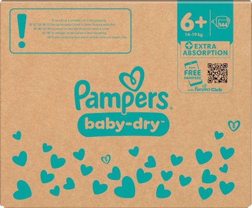 Baby Dry Luiers Maat 6+ Extra Groot (14-19 kg), Maandelijkse Doos, 144 stuks