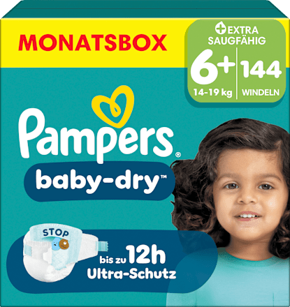 Baby Dry Luiers Maat 6+ Extra Groot (14-19 kg), Maandelijkse Doos, 144 stuks