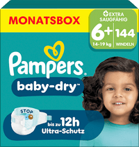 Baby Dry Luiers Maat 6+ Extra Groot (14-19 kg), Maandelijkse Doos, 144 stuks