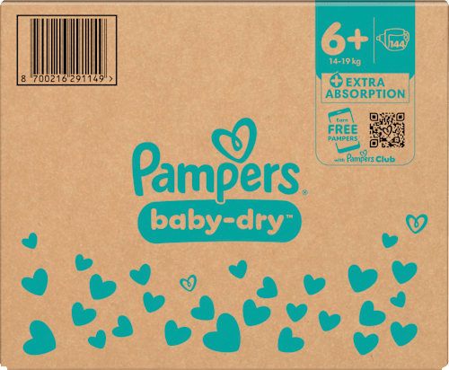 Baby Dry Luiers Maat 6+ Extra Groot (14-19 kg), Maandelijkse Doos, 144 stuks