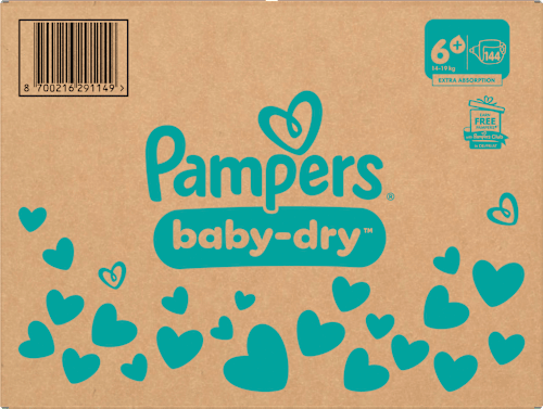 Baby Dry Luiers Maat 6+ Extra Groot (14-19 kg), Maandelijkse Doos, 144 stuks