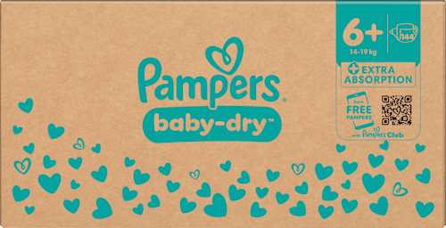 Baby Dry Luiers Maat 6+ Extra Groot (14-19 kg), Maandelijkse Doos, 144 stuks