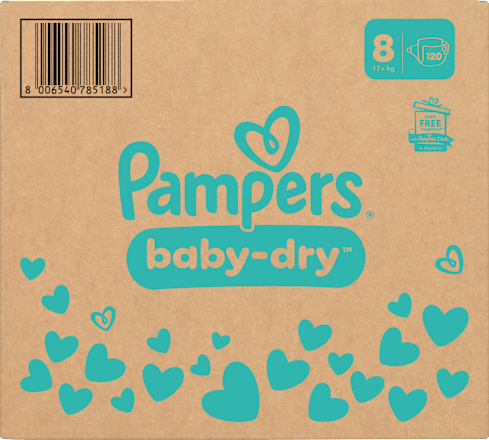 Baby Dry Luiers Maat 8 Extra Groot (17+ kg), Maandelijkse Doos, 120 stuks