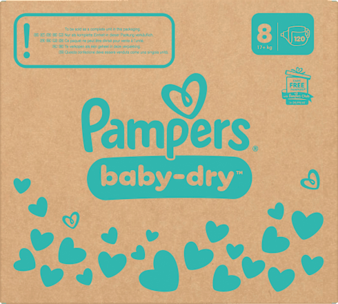 Baby Dry Luiers Maat 8 Extra Groot (17+ kg), Maandelijkse Doos, 120 stuks
