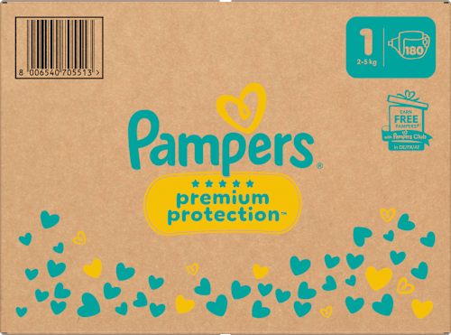 Premium Protection Luiers Maat 1 Pasgeboren (2-5 kg), Halfmaand Doos, 180 stuks