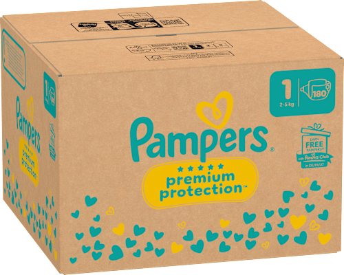 Premium Protection Luiers Maat 1 Pasgeboren (2-5 kg), Halfmaand Doos, 180 stuks