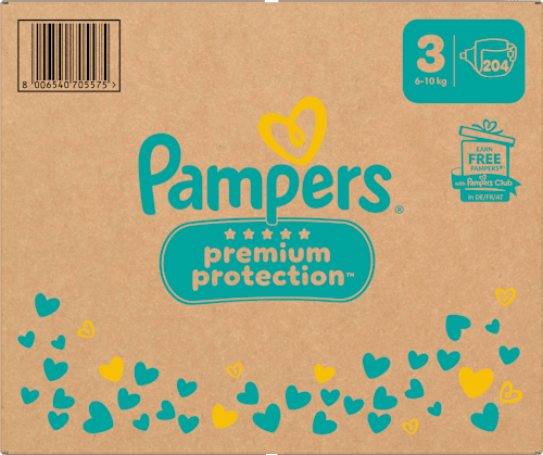 Premium Protection Luiers Maat 3 Midi (6-10 kg), Maandelijkse Doos, 204 stuks