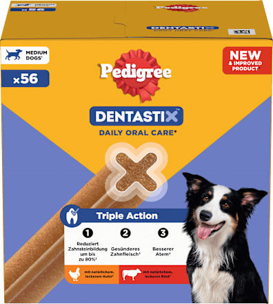 Kausnack Hund Zahnpflege DentaStix für mittelgroße Hunde, Multipack (8x7 Stück), 1,44 kg
