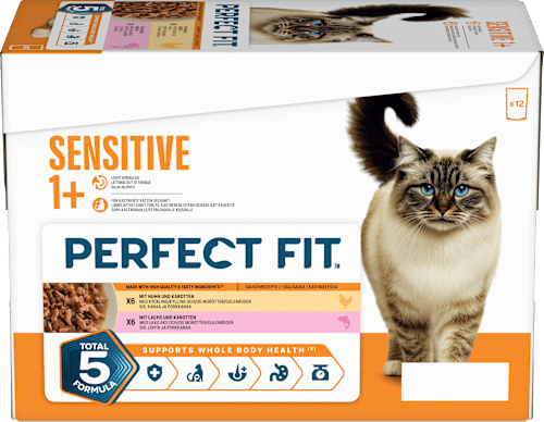 Nassfutter Katze mit Huhn & Lachs, sensitiv Multipack (12x85 g), 1,02 kg