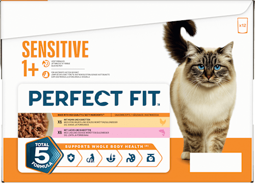 Nassfutter Katze mit Huhn & Lachs, sensitiv Multipack (12x85 g), 1,02 kg