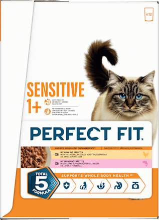 Nassfutter Katze mit Huhn & Lachs, sensitiv Multipack (12x85 g), 1,02 kg