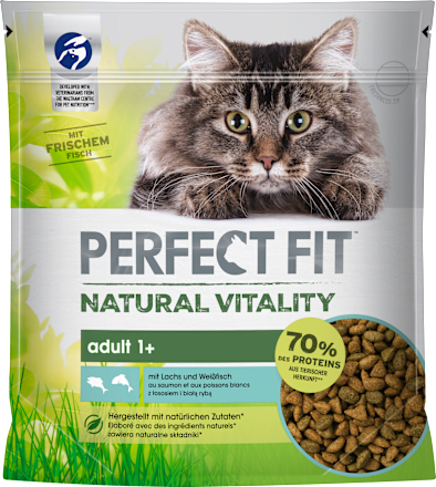 Droogvoer voor katten met zalm en witvis, natuurlijke vitaliteit, Adult, 650 g