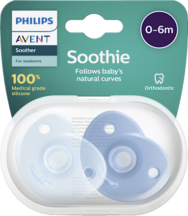 Soothie siliconen fopspeen, blauw, 0-6 maanden, 2 stuks