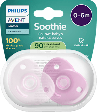 Soothie Siliconen fopspeen, roze, 0-6 maanden, 2 stuks