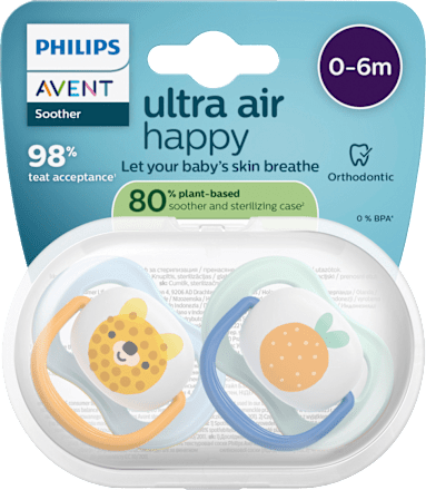 Ultra Air Happy Siliconen Fopspeen, Blauw/Mint, 0-6 Maanden, 2 stuks