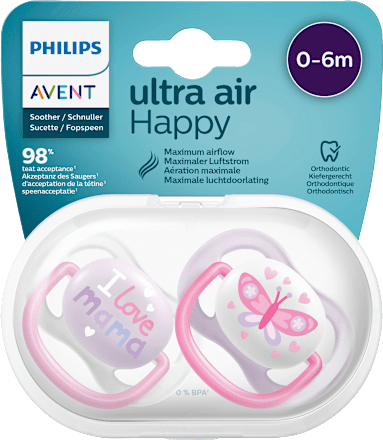 Ultra Air Happy Siliconen Fopspeen, Roze/Paars, 0-6 Maanden, 2 stuks