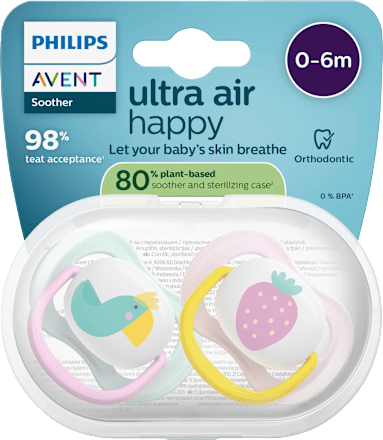 Ultra Air Happy Siliconen Fopspeen, Roze/Mint, 0-6 Maanden, 2 stuks