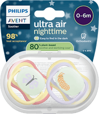 Ultra Air Nachtfopspeen van siliconen, geel/paars, 0-6 maanden, 2 stuks