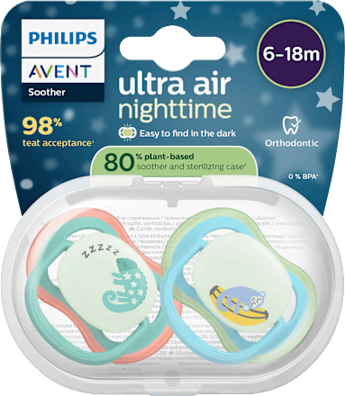 Ultra Air Nacht Siliconen Fopspeen, Groen/Blauw, 6-18 Maanden, 2 stuks