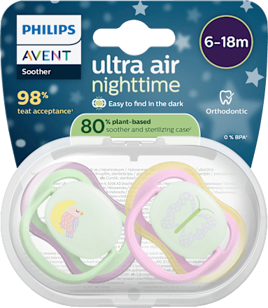 Ultra Air Nacht Siliconen Fopspeen, Groen/Roze, 6-18 Maanden, 2 stuks