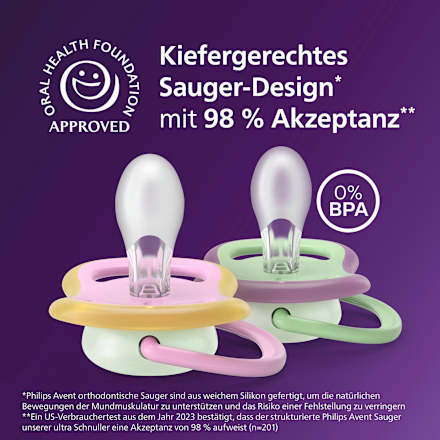 Ultra Air Nacht Siliconen Fopspeen, Groen/Roze, 6-18 Maanden, 2 stuks