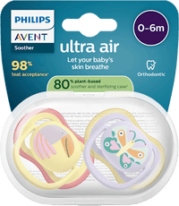 Ultra Air siliconen fopspeen, geel/paars, 0-6 maanden, 2 stuks