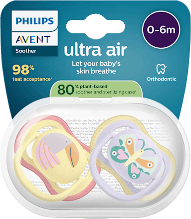 Ultra Air siliconen fopspeen, geel/paars, 0-6 maanden, 2 stuks