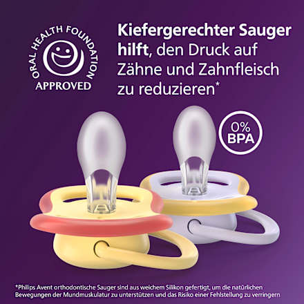 Ultra Air siliconen fopspeen, geel/paars, 0-6 maanden, 2 stuks