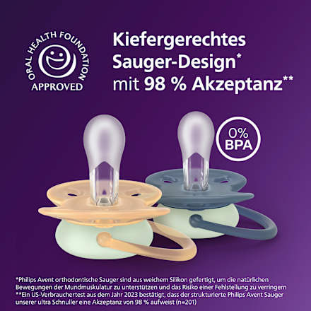 Schnuller ultra soft nighttime Silikon, beige/blau, 6-18 Monate, 2 St