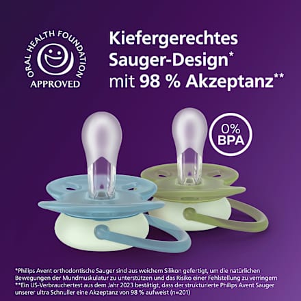 Schnuller ultra soft nighttime Silikon, grün/blau, ab 18 Monaten, 2 St