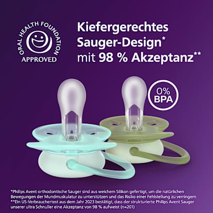 Schnuller ultra soft nighttime Silikon, türkis/grün, 0-6 Monate, 2 St