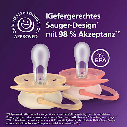 Fopspeen ultrazacht siliconen, beige/roze, 0-6 maanden, 2 stuks
