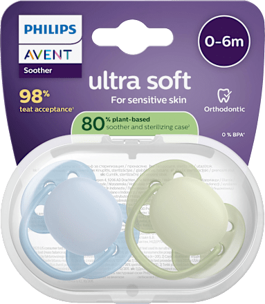 Fopspeen ultrazacht siliconen, blauw/groen, 0-6 maanden, 2 stuks