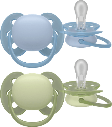 Fopspeen ultrazacht siliconen, blauw/groen, 0-6 maanden, 2 stuks