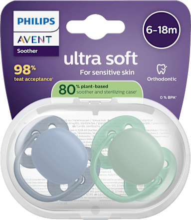Fopspeen ultrazacht siliconen, groen/blauw, 6-18 maanden, 2 stuks