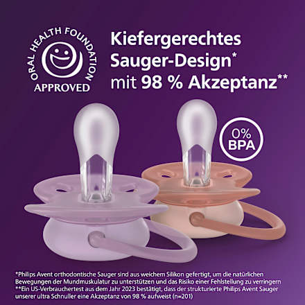 Fopspeen ultrazacht siliconen, paars/roze, 6-18 maanden, 2 stuks